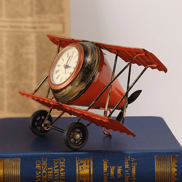 Vintage Airplane Desk Clock with Retro Design in Iron, Perfect Decorative Timepiece for Living Room, Bedroom, or Office.