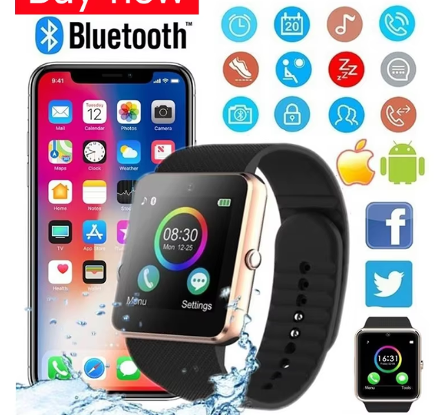 Smartwatch with SIM and TF card support, featuring Bluetooth, camera, and waterproof design – ideal for fitness and everyday use.