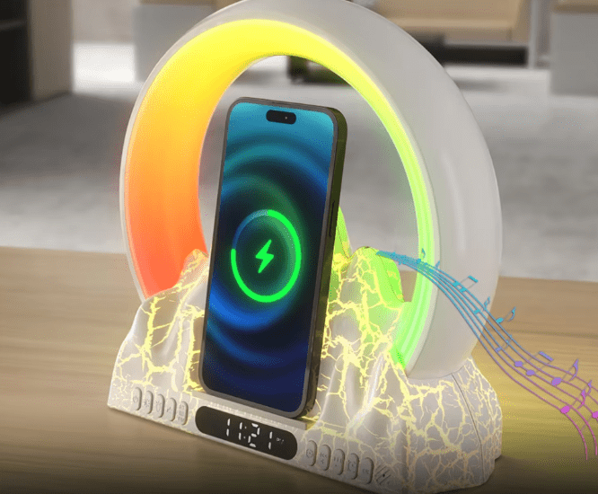 Sunrise Alarm Clock with Wireless Charging, Bluetooth Speaker & White Noise – 256 Dynamic Light Effects, 10 White Noise Tracks & 15W Fast Charging for All Phones