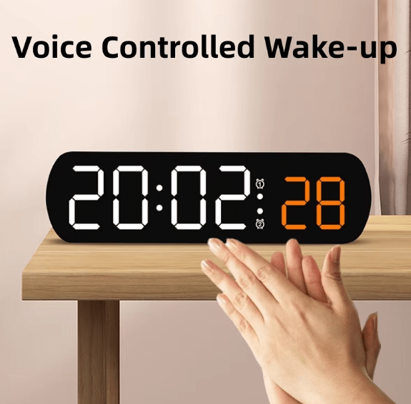 Voice Control Digital Alarm Timer Clock with Mirror Display, Dual Alarm, Temperature & Night Mode – Black LED Desk Clock.