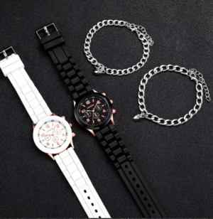 Matching 4pcs Couple Watch Set with silicone straps, 38mm alloy cases, and magnetic heart bracelets for a stylish and elegant look. Perfect for women who love both fashion and practicality. 💖  