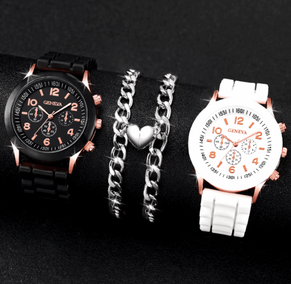 4pcs Couple Watch & Magnetic Heart Bracelet Set 4pcs Couple Watch & Magnetic Heart Bracelet Set – Stylish Quartz Watches with Silicone Strap for Women