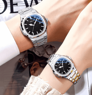 Matching CHENXI couple watches with stainless steel bands and alloy cases, featuring 3ATM water resistance and an adjustable strap for a perfect fit.