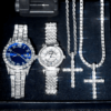 Luxury iced-out watch and punk cross necklace set for couples, presented in a stylish gift box, ideal for hip-hop fans and partygoers.