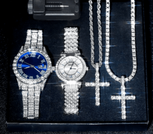 Luxury iced-out watch and punk cross necklace set for couples, presented in a stylish gift box, ideal for hip-hop fans and partygoers.