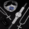 Hip-Hop Style Couples Watch & Iced-Out Cross Pendant Jewelry Set – Ideal for Parties and Special Occasions