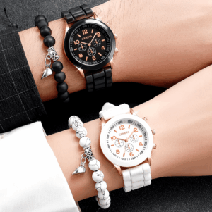 A 4-piece couples’ watch and heart bracelet set featuring stylish silicone wristbands and romantic matching bracelets, ideal for Valentine’s Day or anniversary gifts.