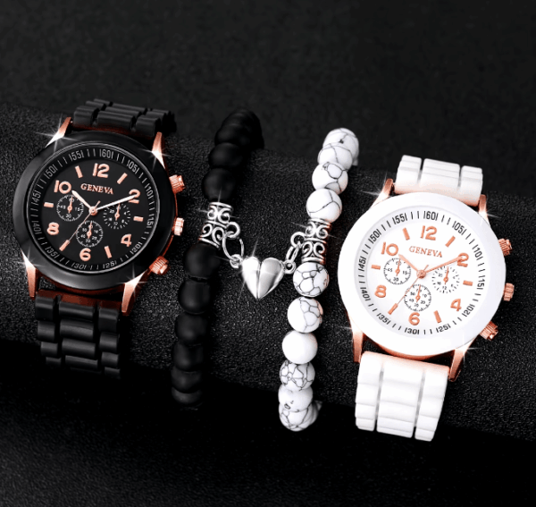 Matching Heart Bracelet Set for Couples –2 Casual Quartz Watch & Matching Heart Bracelet Set for Couples – Perfect Valentine's Gift