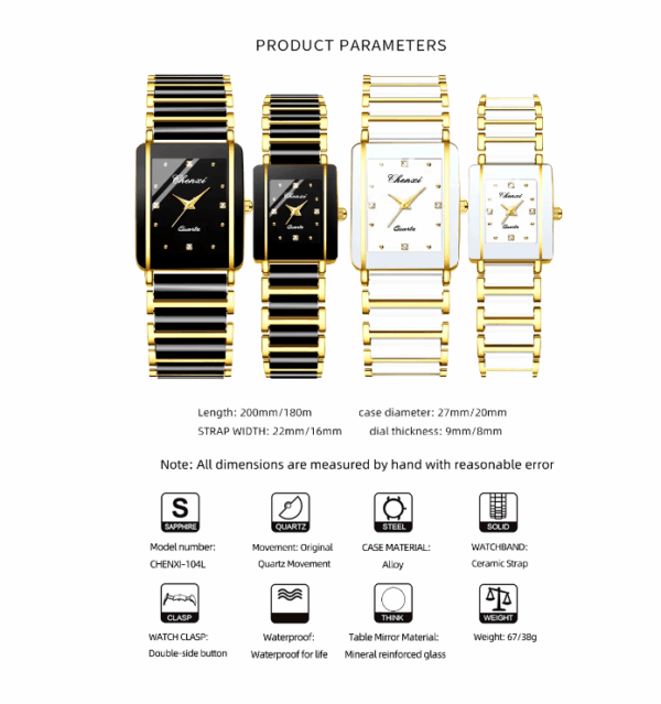 Stylish Ceramic Quartz Watch Set – Waterproof Simple Casual Square Watches for Couples Stylish Ceramic Quartz Watch Set – Waterproof Simple Casual Square Watches for Couples