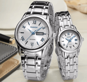 Elegant GUANQIN Couple Watch Set with Miyota quartz movement, luminous hands, 30M water resistance, and a stainless steel design. Perfect gift set for couples or loved ones! ⏰💖 
