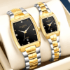 Luxury gold couple wristwatches with stainless steel bands and luminous hands, featuring shock resistance and water resistance, designed for men and women.