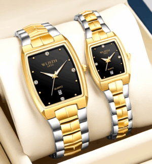 Luxury gold couple wristwatches with stainless steel bands and luminous hands, featuring shock resistance and water resistance, designed for men and women.